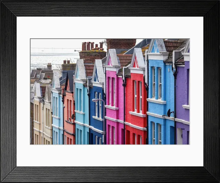 Framed Print : View of the colorful houses in Blaker street, Brighton, East Sussex, Southern England, United Kingdom Framed Print : View of the colorful houses in Blaker street, Brighton, East Sussex, Southern England, United Kingdom