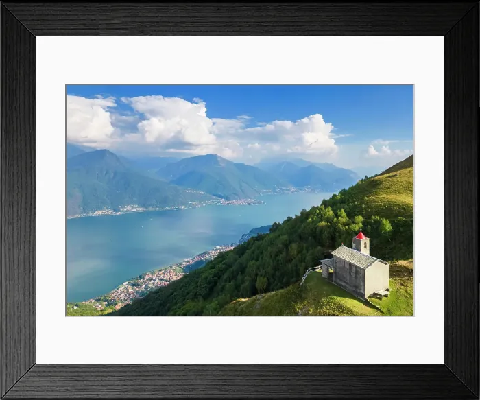 Framed Print : Church of San Bernardo on the mounts over Musso overlooking Lake Como. Musso, Como district, Lake Como, Lombardy, Italy