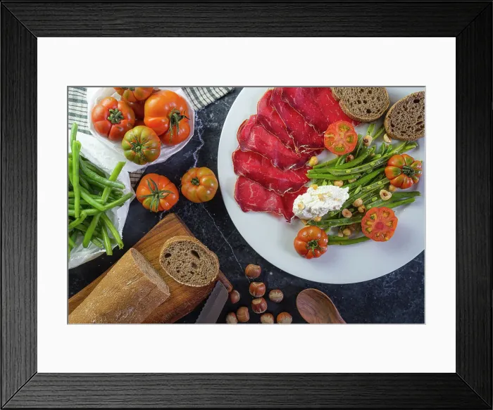 Framed Print : Green beans salad, bresaola (kind of dried salted beef), tomatoes, hazelnuts and fresh ricotta: foods allied to our health Framed Print : Green beans salad, bresaola (kind of dried salted beef), tomatoes, hazelnuts and fresh ricotta: foods allied to our health