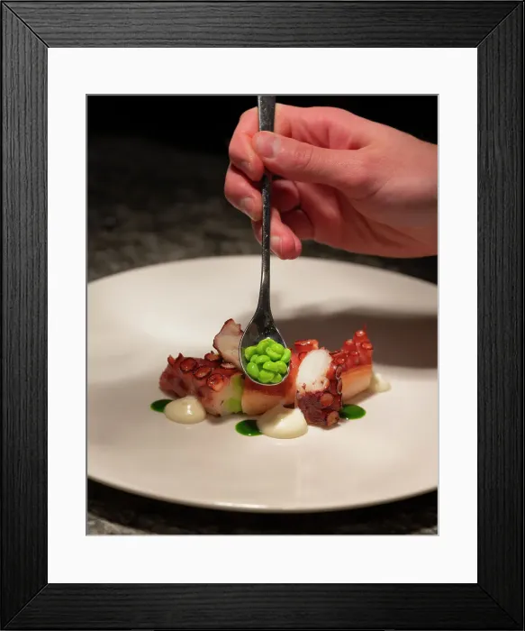 Framed Print : Bbq octopus, peas, crescenza and wild garlic Framed Print : Bbq octopus, peas, crescenza and wild garlic