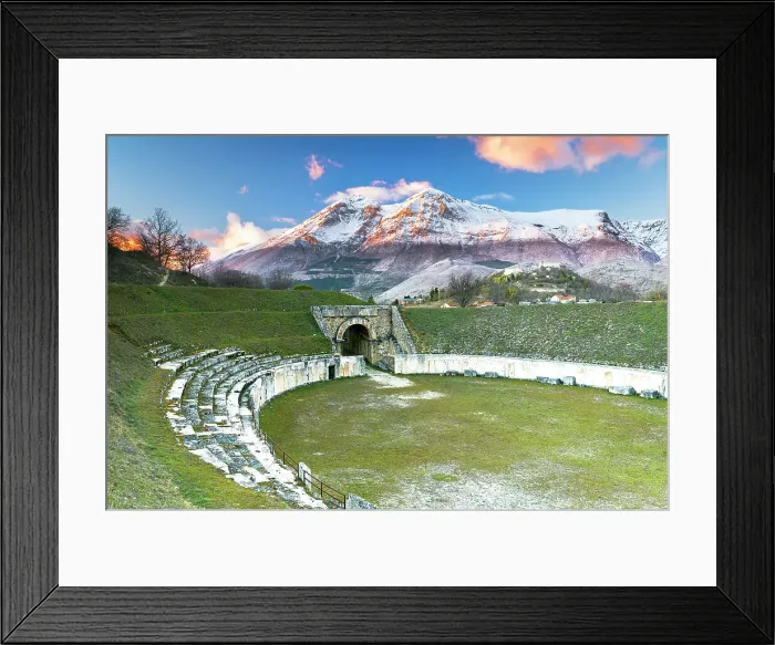 Framed Print : Roman archeological site of Alba Fucens with majestic Apennines mountain of Sirente Velino regional park, Marsica district, L‚AoAquila province, Abruzzo, Italy Framed Print : Roman archeological site of Alba Fucens with majestic Apennines mountain of Sirente Velino regional park, Marsica district, L‚AoAquila province, Abruzzo, Italy