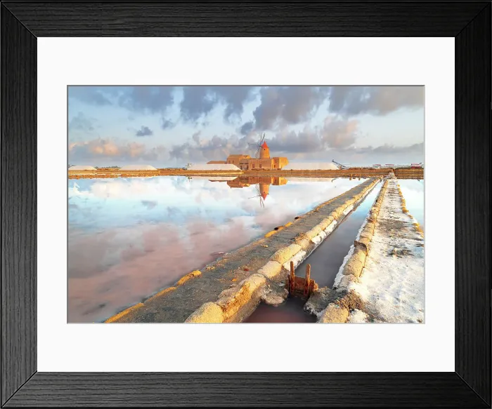 Framed Print : Sunset reflection at the salt flats with the old windmill, saline dello Stagnone, Marsala, Trapani province, Sicily, Italy Framed Print : Sunset reflection at the salt flats with the old windmill, saline dello Stagnone, Marsala, Trapani province, Sicily, Italy