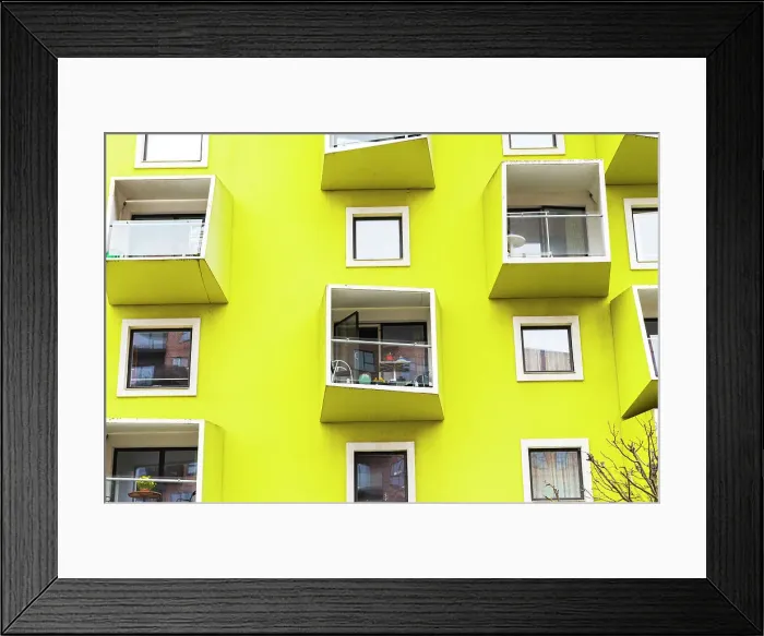 Framed Print : External view of a modern yellow building with windows and balconies, Amager Vest district, Copenhagen, Hovedstaden Denmark, Europe Framed Print : External view of a modern yellow building with windows and balconies, Amager Vest district, Copenhagen, Hovedstaden Denmark, Europe