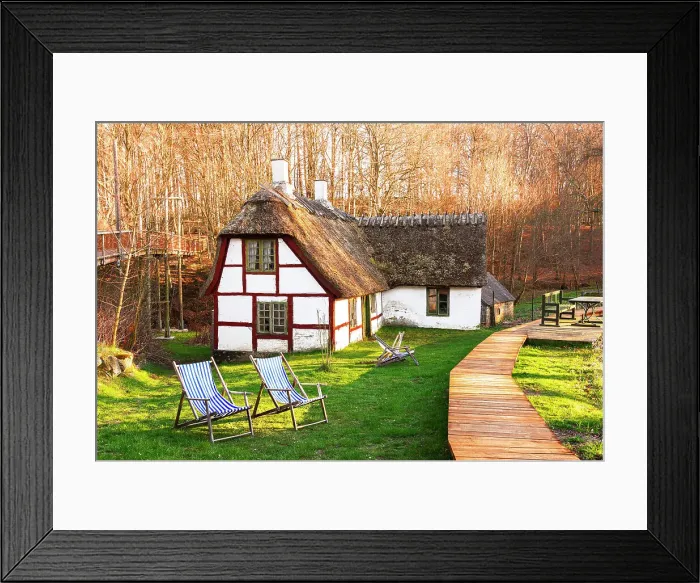 Framed Print : Traditional old danish farm house with thatched roof, green lawn and sun chairs in the zealand countryside, Zealand, Denmark, Europe Framed Print : Traditional old danish farm house with thatched roof, green lawn and sun chairs in the zealand countryside, Zealand, Denmark, Europe
