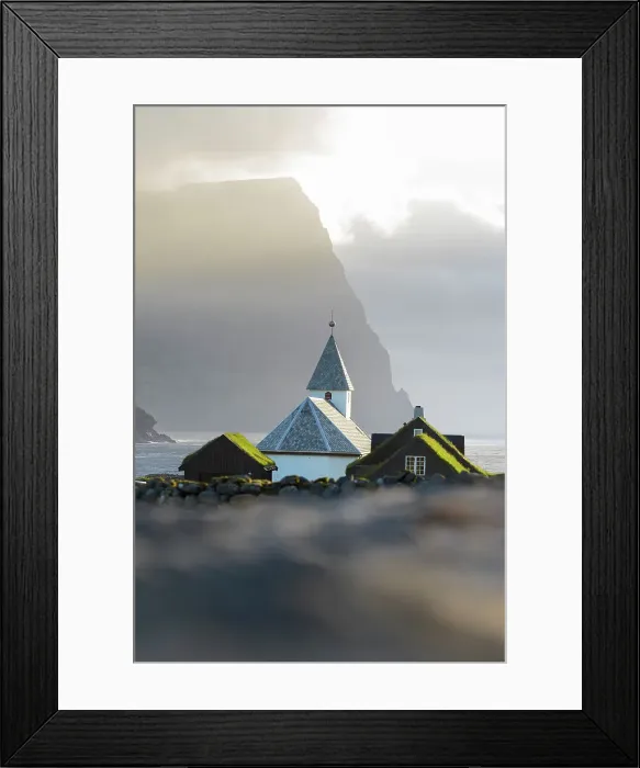 Framed Print : Traditional church and houses with grass roof in the village of Vidareidi at sunset, Vidoy island, Faroe islands, Denmark Framed Print : Traditional church and houses with grass roof in the village of Vidareidi at sunset, Vidoy island, Faroe islands, Denmark