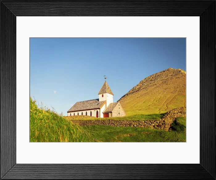 Framed Print : Traditional church facing the ocean at sunset, Vidareidi, Vidoy island, Faroe islands, Denmark Framed Print : Traditional church facing the ocean at sunset, Vidareidi, Vidoy island, Faroe islands, Denmark