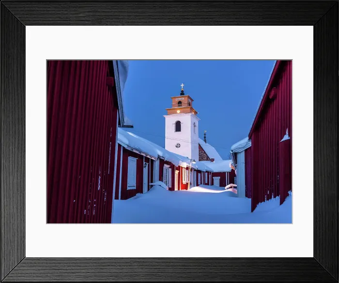 Framed Print : Winter dusk over the old bell tower and wood cottages covered with snow, Gammelstad Church Town, Lulea, Sweden Framed Print : Winter dusk over the old bell tower and wood cottages covered with snow, Gammelstad Church Town, Lulea, Sweden