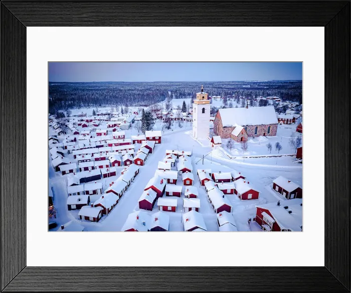 Framed Print : Aerial view of red cabins and church covered with snow at dusk with Lapland forest on background, Gammelstad, Lulea, Sweden Framed Print : Aerial view of red cabins and church covered with snow at dusk with Lapland forest on background, Gammelstad, Lulea, Sweden