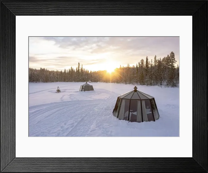 Framed Print : Glass igloo for tourists in the frozen landscape at dawn, aerial view, Jokkmokk, Lapland, Sweden Framed Print : Glass igloo for tourists in the frozen landscape at dawn, aerial view, Jokkmokk, Lapland, Sweden
