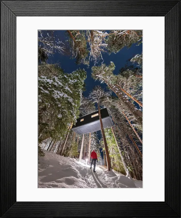 Framed Print : Person admiring the cabin room shaped like a capsule among tall trees in the snowy forest, Tree Hotel, Harads, Lapland, Sweden Framed Print : Person admiring the cabin room shaped like a capsule among tall trees in the snowy forest, Tree Hotel, Harads, Lapland, Sweden