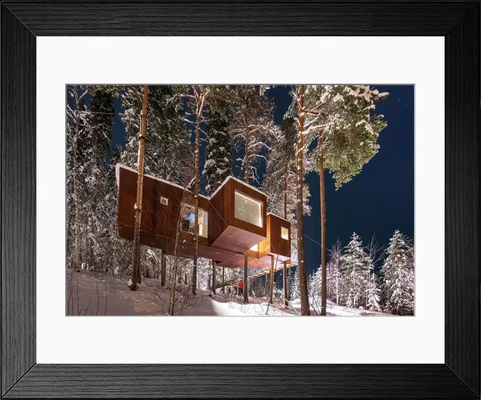 Framed Print : Wood cottage with large panoramic windows, Tree hotel, Harads, Lapland, Sweden Framed Print : Wood cottage with large panoramic windows, Tree hotel, Harads, Lapland, Sweden
