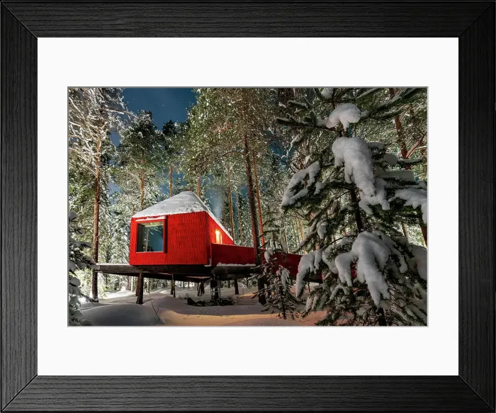 Framed Print : Red hut in the winter forest covered with snow, accommodation for tourists of the Tree hotel, Harads, Lapland, Sweden Framed Print : Red hut in the winter forest covered with snow, accommodation for tourists of the Tree hotel, Harads, Lapland, Sweden