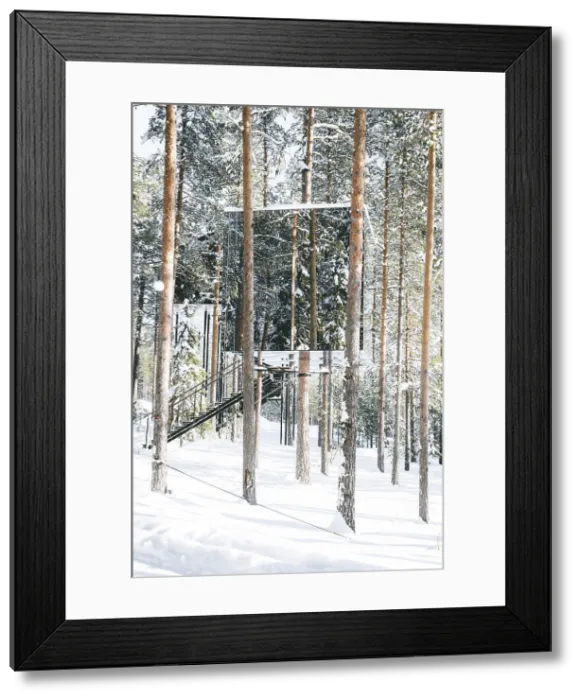 Framed Print : Cube shaped room on snowy trees with mirror walls, Tree hotel, Harads, Lapland, Sweden