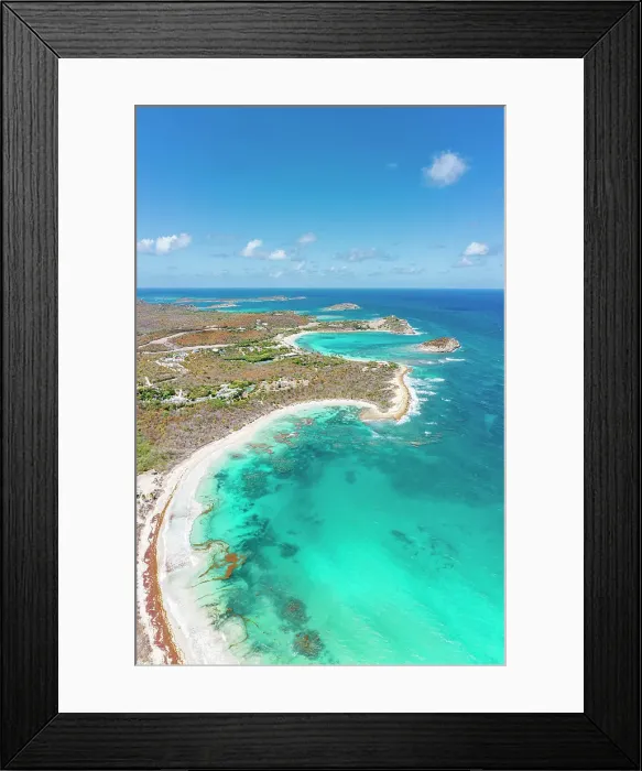 Framed Print : Clear summer sky over the white sand beach overlooking the crystal water of Caribbean Sea, aerial view, Antigua, West Indies Framed Print : Clear summer sky over the white sand beach overlooking the crystal water of Caribbean Sea, aerial view, Antigua, West Indies
