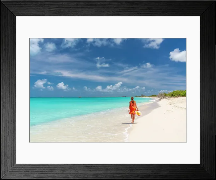 Framed Print : Beautiful woman in orange dress walking on a idyllic beach, Barbuda, Antigua & Barbuda, Caribbean, West Indies (MR) Framed Print : Beautiful woman in orange dress walking on a idyllic beach, Barbuda, Antigua & Barbuda, Caribbean, West Indies (MR)