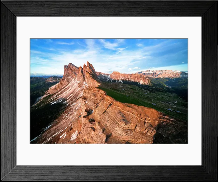 Framed Print : Aerial view of Odle group, Seceda, Sella and Cirspitzen at sunset, Dolomites, South Tyrol, Italy Framed Print : Aerial view of Odle group, Seceda, Sella and Cirspitzen at sunset, Dolomites, South Tyrol, Italy