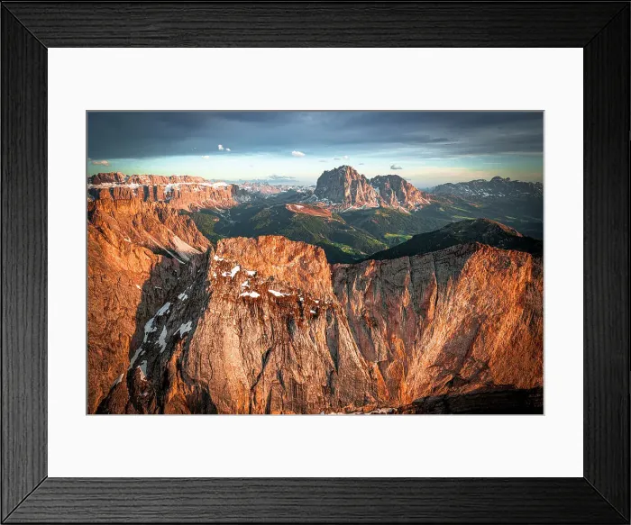 Framed Print : Aerial view of Sassolungo group, Sassopiatto, Sella, Gardena Valley and Seceda at sunset, Dolomites, South Tyrol, Italy Framed Print : Aerial view of Sassolungo group, Sassopiatto, Sella, Gardena Valley and Seceda at sunset, Dolomites, South Tyrol, Italy