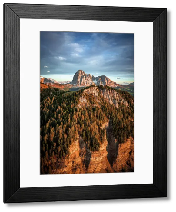 Framed Print : Spring woods on Sassolungo group, Sassopiatto, Gardena Valley and Seceda at sunset, aerial view, Dolomites, South Tyrol, Italy Framed Print : Spring woods on Sassolungo group, Sassopiatto, Gardena Valley and Seceda at sunset, aerial view, Dolomites, South Tyrol, Italy