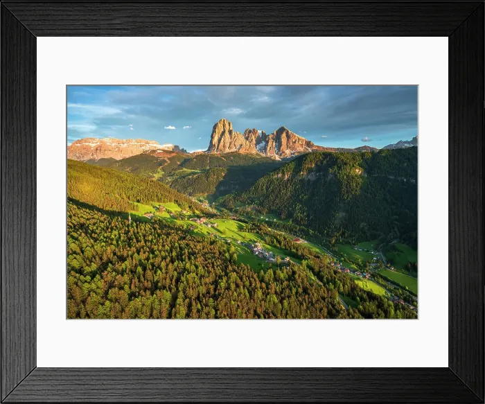 Framed Print : Aerial view of Sassolungo group, Sassopiatto, Gardena Valley and at sunset in spring, Dolomites, South Tyrol, Italy Framed Print : Aerial view of Sassolungo group, Sassopiatto, Gardena Valley and at sunset in spring, Dolomites, South Tyrol, Italy