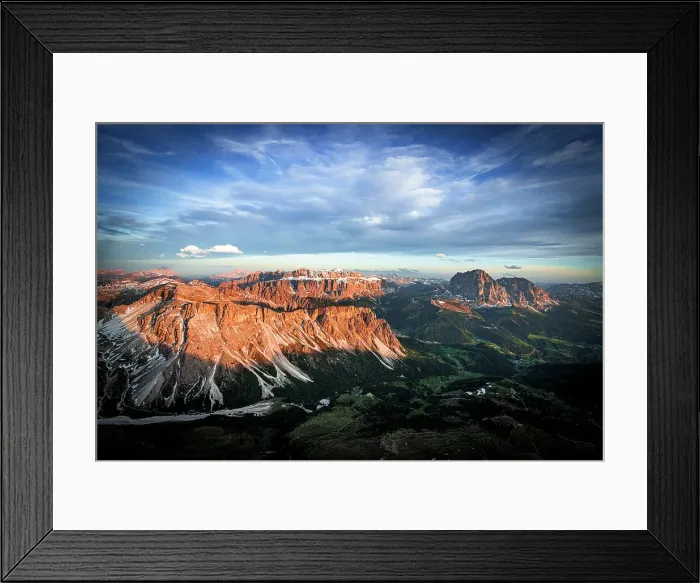 Framed Print : Clouds at sunset over Gardena Valley, Cirspitzen, Sella group, Sassolungo and Sassopiatto, Dolomites, South Tyrol, Italy Framed Print : Clouds at sunset over Gardena Valley, Cirspitzen, Sella group, Sassolungo and Sassopiatto, Dolomites, South Tyrol, Italy