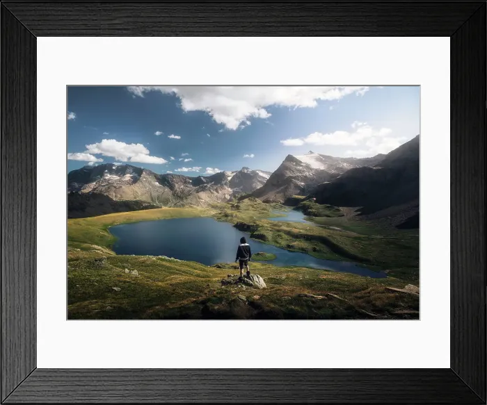 Framed Print : Hiker at Rosset Lake. Gran Paradiso national park, Alpi Graie, Piedmont, Italy Framed Print : Hiker at Rosset Lake. Gran Paradiso national park, Alpi Graie, Piedmont, Italy