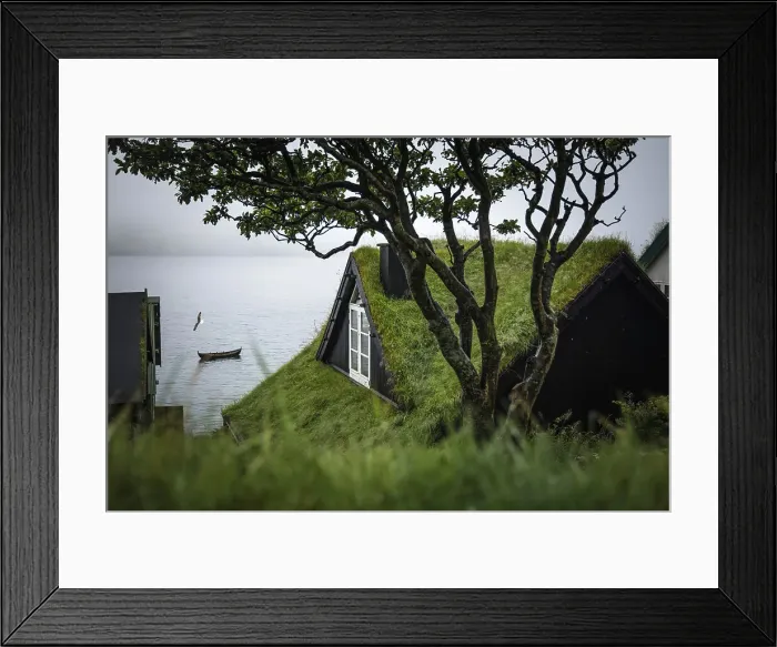 Framed Print : Foggy day in the village of Bour. Island of Vagar. Faroe Islands