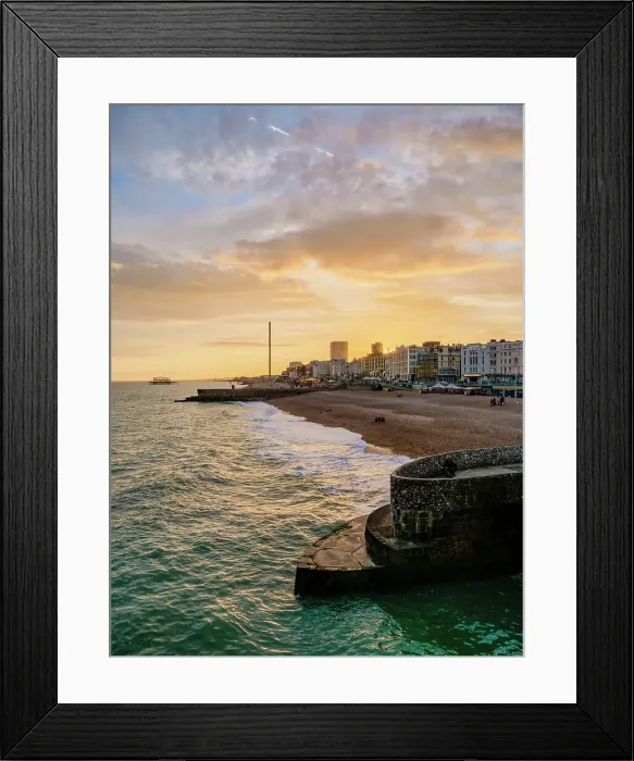 Framed Print : City Waterfront seen from Brighton Palace Pier at sunset, City of Brighton and Hove, East Sussex, England, United Kingdom