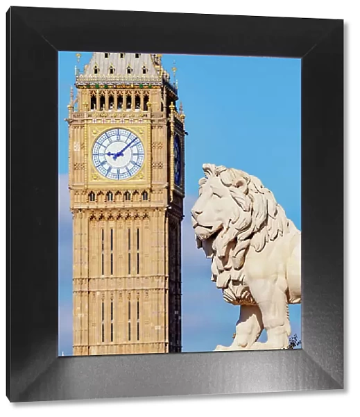 South Bank Lion and Big Ben, detailed view, London, England, United Kingdom