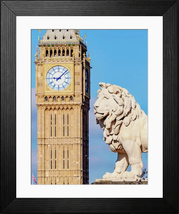 Framed Print : South Bank Lion and Big Ben, detailed view, London, England, United Kingdom