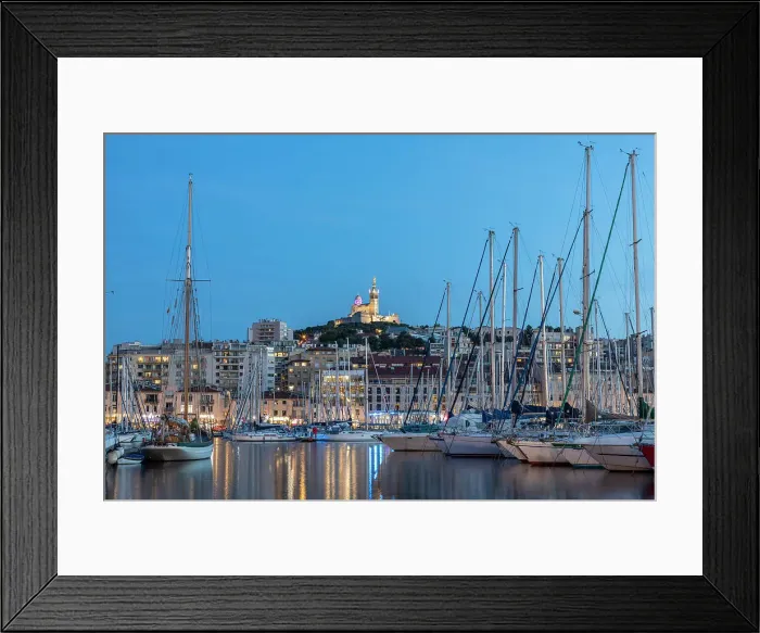 Framed Print : The Old Port of Marseille and Notre-Dame de la Garde at Dusk, Marseille, Provence-Alpes-Cote d'Azur, France