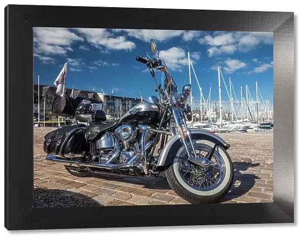 Harley-Davidson motorcycle at Deauville Marina, Cotentin Peninsula, Calvados, Normandy, France
