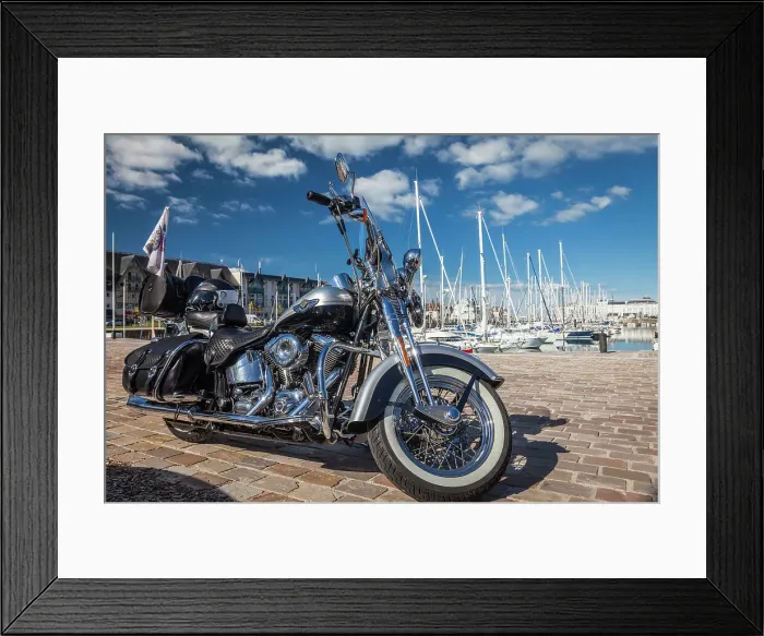 Framed Print : Harley-Davidson motorcycle at Deauville Marina, Cotentin Peninsula, Calvados, Normandy, France Framed Print : Harley-Davidson motorcycle at Deauville Marina, Cotentin Peninsula, Calvados, Normandy, France