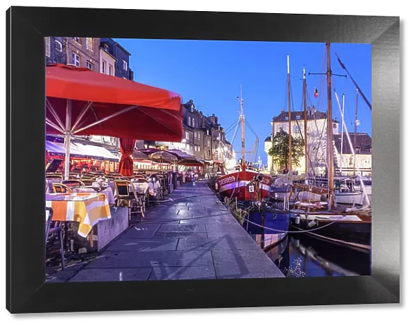 Restaurants on the promenade at Honfleur harbor in the evening, Calvados, Normandy, France