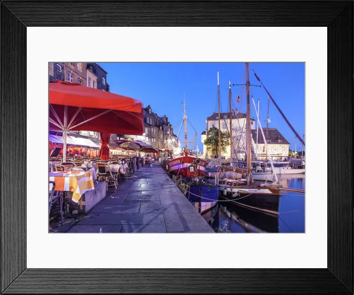 Framed Print : Restaurants on the promenade at Honfleur harbor in the evening, Calvados, Normandy, France Framed Print : Restaurants on the promenade at Honfleur harbor in the evening, Calvados, Normandy, France