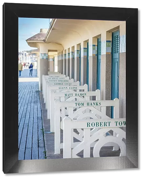 Dressing rooms with actors` names at Deauville lido, Calvados, Normandy, France
