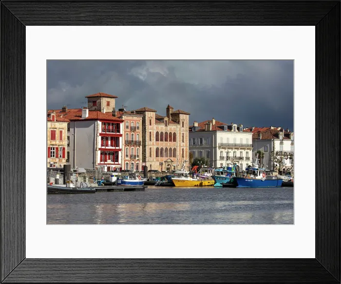 Framed Print : France, Nouvelle-Aquitaine, Pyrenees-Atlantiques, Pays Basque, Basque Country, Saint- Jean-de-Luz, fishing boats moored up in front of historical centre Framed Print : France, Nouvelle-Aquitaine, Pyrenees-Atlantiques, Pays Basque, Basque Country, Saint- Jean-de-Luz, fishing boats moored up in front of historical centre