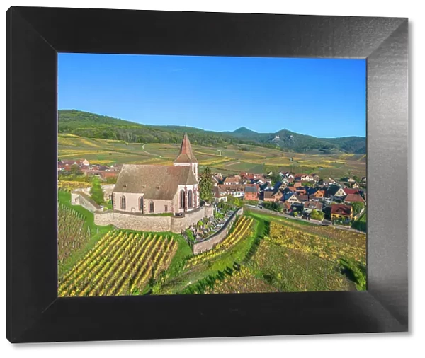 Aerial view at fortified church of Saint Jacques, Hunawihr, Haut-Rhin, Alsace, Alsace-Champagne-Ardenne-Lorraine, Grand Est, France