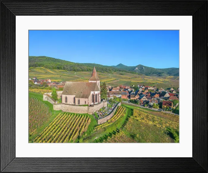 Framed Print : Aerial view at fortified church of Saint Jacques, Hunawihr, Haut-Rhin, Alsace, Alsace-Champagne-Ardenne-Lorraine, Grand Est, France Framed Print : Aerial view at fortified church of Saint Jacques, Hunawihr, Haut-Rhin, Alsace, Alsace-Champagne-Ardenne-Lorraine, Grand Est, France