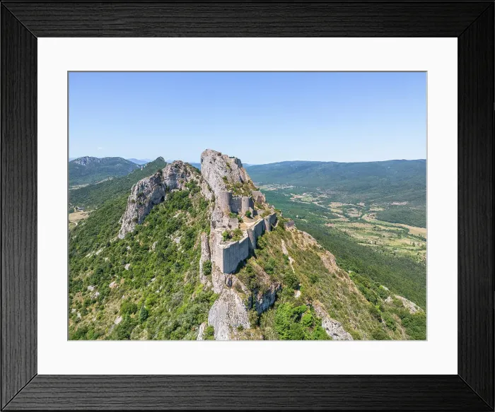 Framed Print : Aerial view at Catharian Castle Peyrepertuse, Duilhac-sous-Peyrepertuse, Aude, Languedoc-Roussillon, Occitanie, France Framed Print : Aerial view at Catharian Castle Peyrepertuse, Duilhac-sous-Peyrepertuse, Aude, Languedoc-Roussillon, Occitanie, France