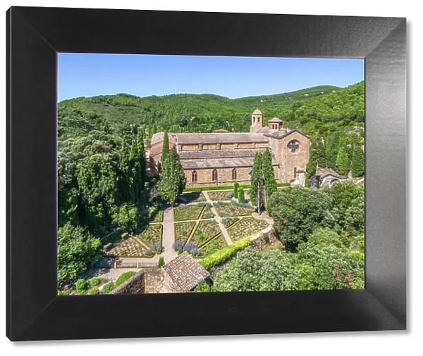 Aerial view at abbey Sainte-Marie de Fontfroide, Aude, Languedoc-Roussillon, Occitanie, France