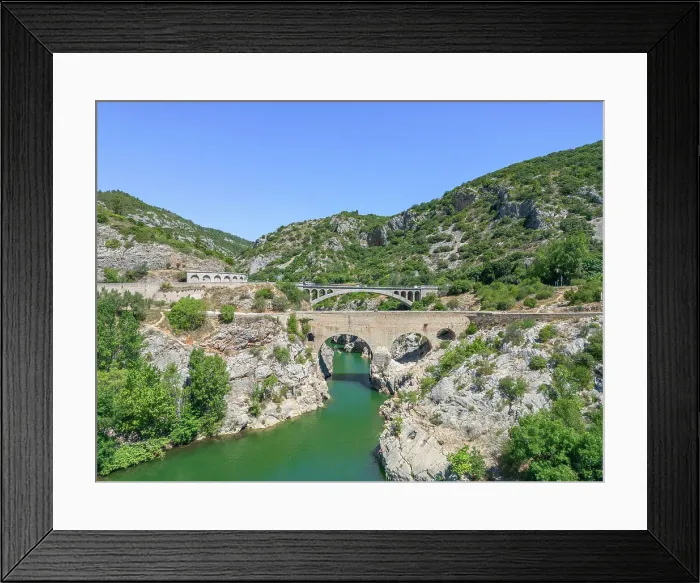 Framed Print : Aerai view at Pont du Diable near Saint-Guilhem-le-Desert, Herault, Languedoc-Roussillon, Occitanie, France Framed Print : Aerai view at Pont du Diable near Saint-Guilhem-le-Desert, Herault, Languedoc-Roussillon, Occitanie, France