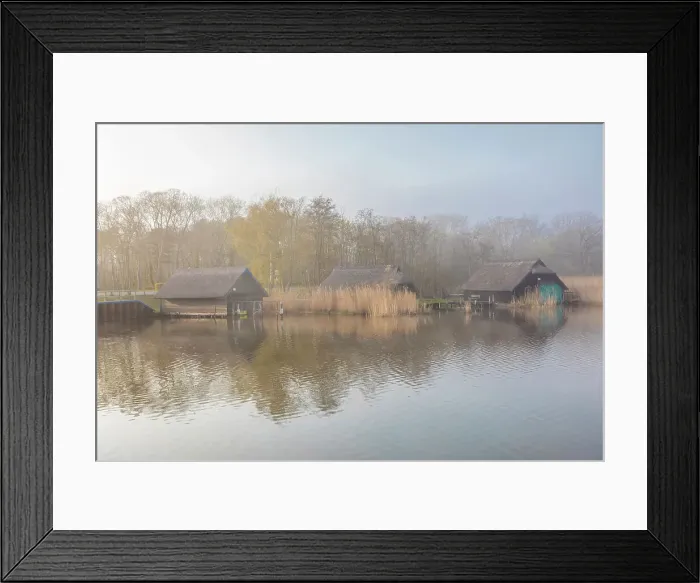 Framed Print : Boathouses in the fog in the Bodden harbour of Prerow, Mecklenburg-West Pomerania, North Germany, Germany Framed Print : Boathouses in the fog in the Bodden harbour of Prerow, Mecklenburg-West Pomerania, North Germany, Germany