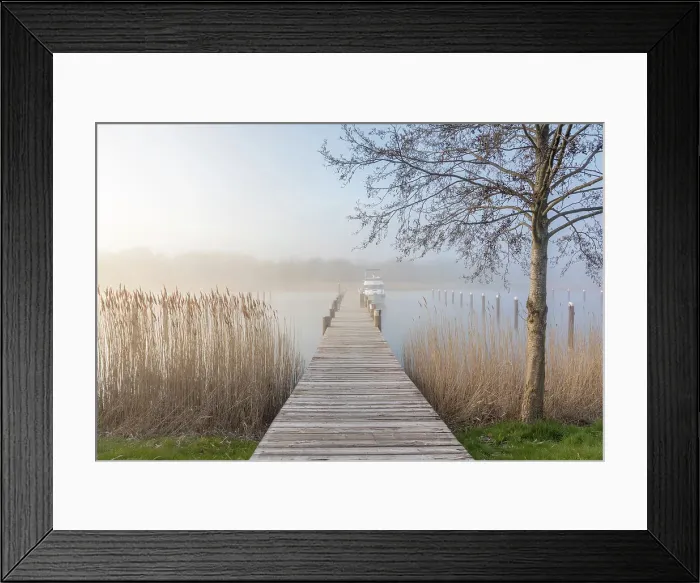 Framed Print : Landing stage in the fog in the Bodden harbour of Prerow, Mecklenburg-West Pomerania, Northern Germany, Germany Framed Print : Landing stage in the fog in the Bodden harbour of Prerow, Mecklenburg-West Pomerania, Northern Germany, Germany