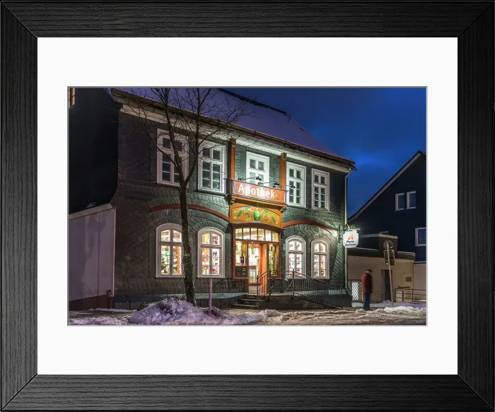 Framed Print : Historical pharmacy in the old town of Winterberg on a winter evening, Sauerland, North Rhine-Westphalia, Germany Framed Print : Historical pharmacy in the old town of Winterberg on a winter evening, Sauerland, North Rhine-Westphalia, Germany