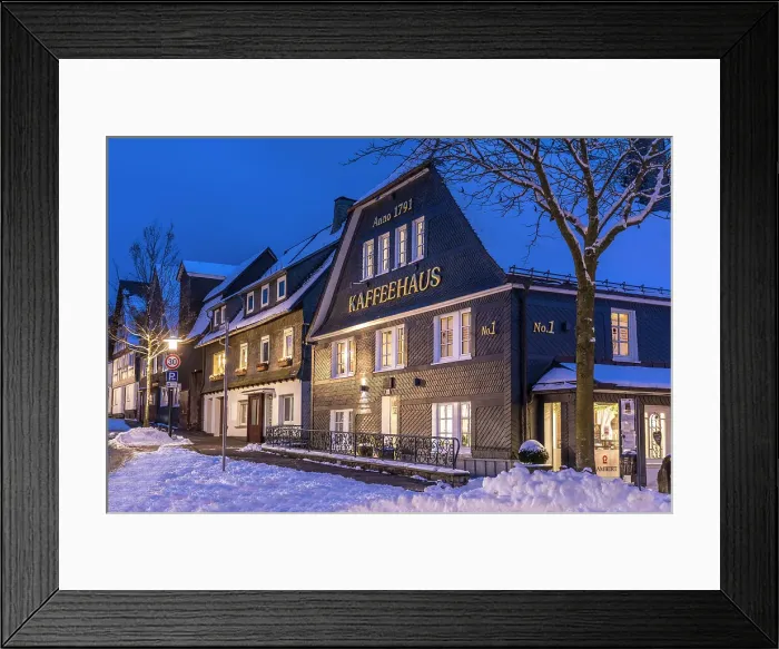 Framed Print : Historic houses in the old town of Winterberg on a winter evening, Sauerland, North Rhine-Westphalia, Germany Framed Print : Historic houses in the old town of Winterberg on a winter evening, Sauerland, North Rhine-Westphalia, Germany