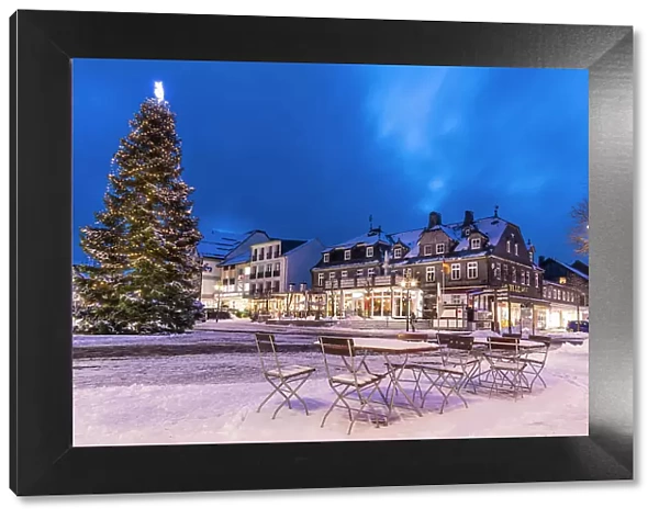 Historic houses at Winterberg`s market square on a winter evening, Sauerland, North Rhine-Westphalia, Germany