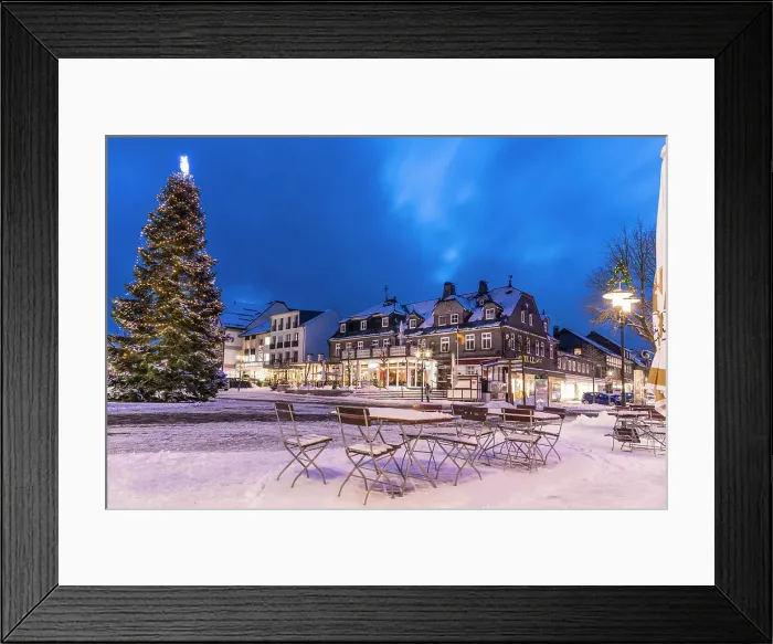Framed Print : Historic houses at Winterberg`s market square on a winter evening, Sauerland, North Rhine-Westphalia, Germany Framed Print : Historic houses at Winterberg`s market square on a winter evening, Sauerland, North Rhine-Westphalia, Germany