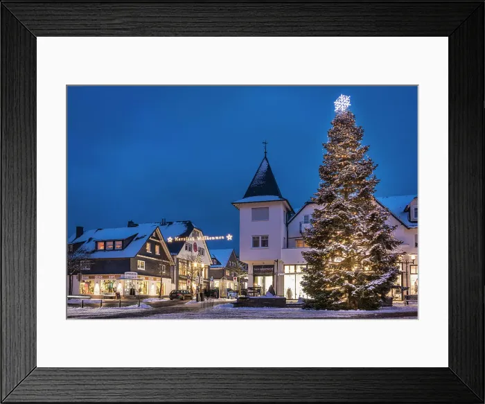 Framed Print : Historic houses at Winterberg`s market square on a winter evening, Sauerland, North Rhine-Westphalia, Germany Framed Print : Historic houses at Winterberg`s market square on a winter evening, Sauerland, North Rhine-Westphalia, Germany
