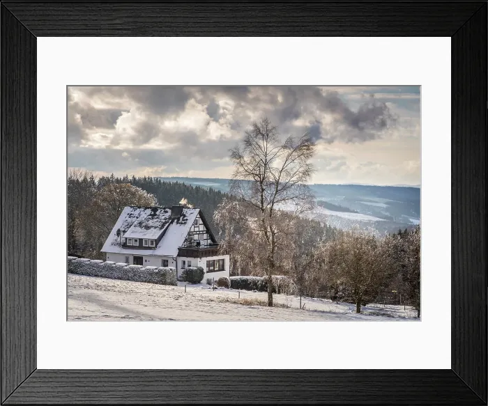 Framed Print : Half-timbered house in Lennestatten am Kahler Asten near Winterberg, Sauerland, North Rhine-Westphalia, Germany Framed Print : Half-timbered house in Lennestatten am Kahler Asten near Winterberg, Sauerland, North Rhine-Westphalia, Germany