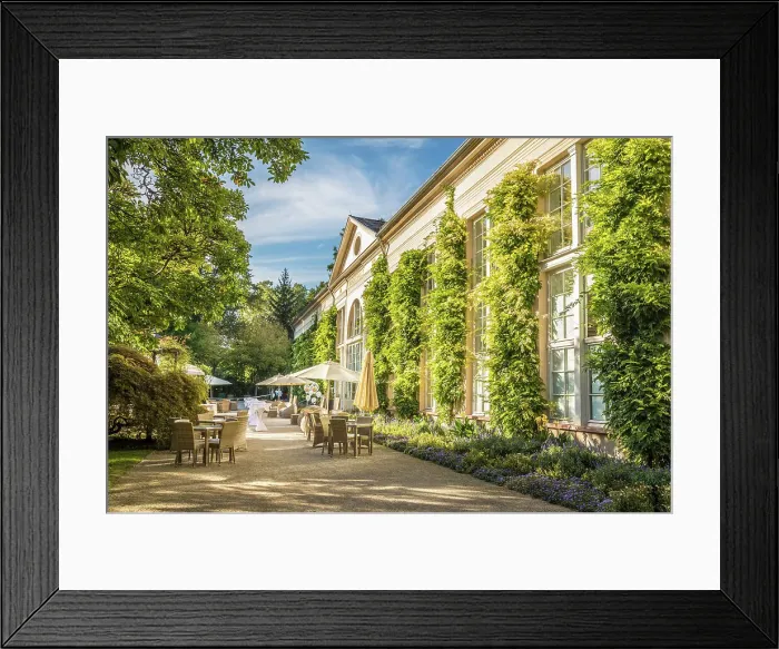 Framed Print : Cafe Restaurant Orangery in the Kurpark in the historic foyer in the Kurpark of Bad Homburg vor der Hohe, Taunus, Hesse, Germany